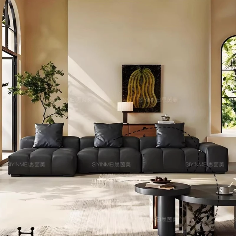 Italian Minimalist Pixel Leather Sofa Black Top-Grain Cowhide Modular Straight Couch for Luxury Living Room furniture