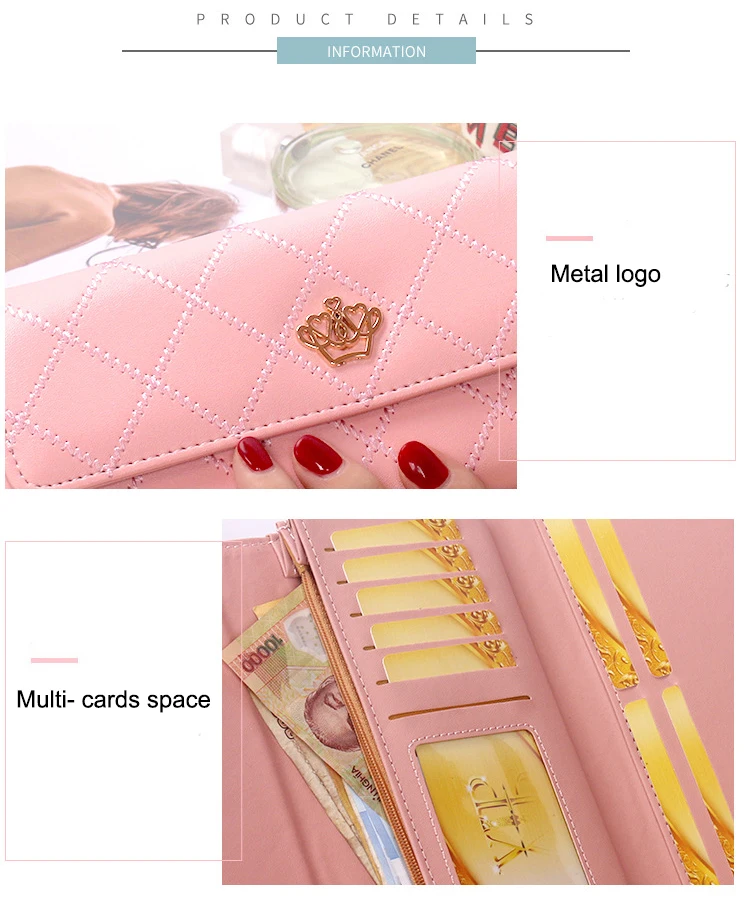 New Womens Wallets Purses Plaid PU Leather Crown Long 3 fold Wallet Hasp Phone Bag Money Pocket Card Holder Female Coin Purse