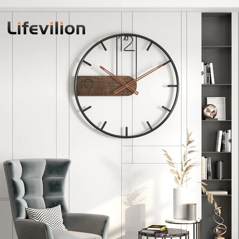 Metal Wall Clock Large Nordic Iron Round Wall Watch Decal Walnut Pionter Fashion Hanging Clocks Decoration for Home Living Room