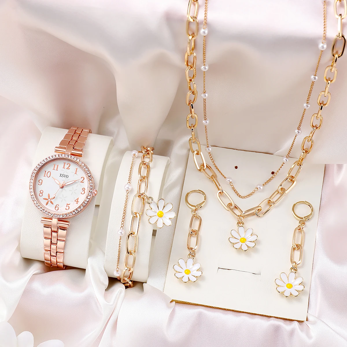 

No gift box New style women's watches female small public ins simple small public fashion versatile daisy jewelry 4-piece set