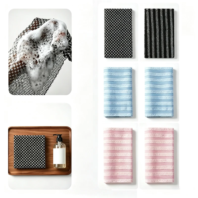Exfoliating Shower Towel Double Sided Body Scrub Washcloth Foaming Bath Towel for Back Skin Deep Cleaning Bathroom Accessories