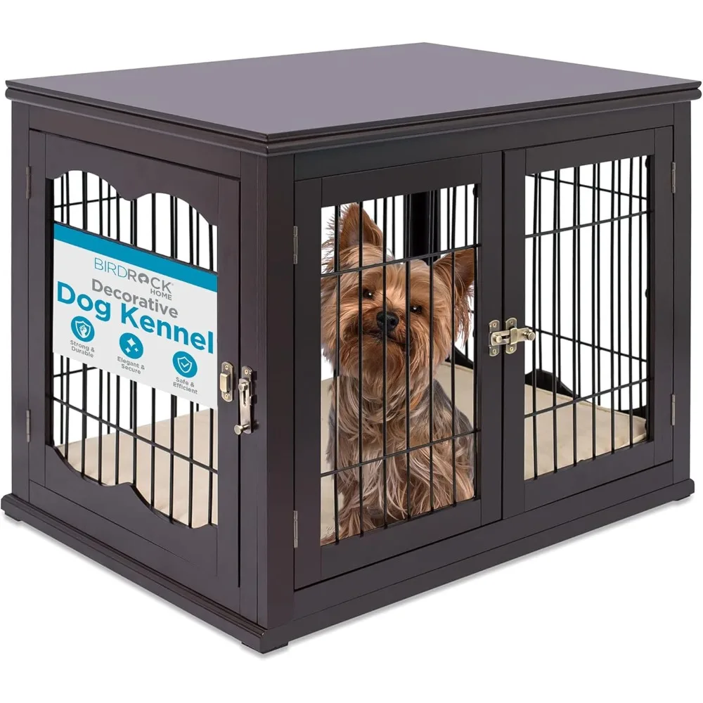 

Internet's Best Decorative Wooden Wire Dog Kennel: Double Door, Pet Bed, Large Indoor Crate Side Table