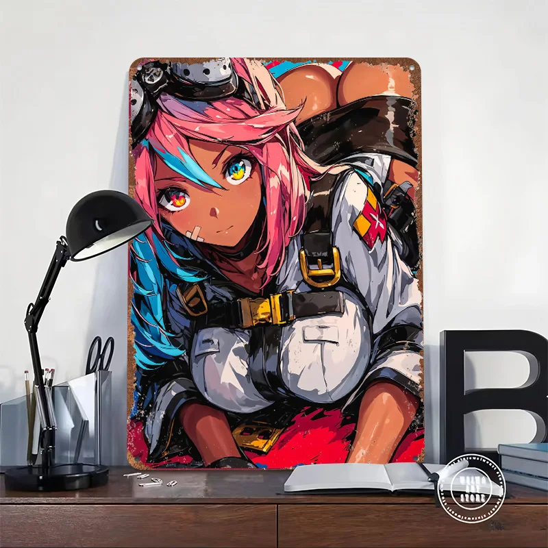 Anime Girl With Goggles Lying Down Metal Poster Customized Wall Art Retro Vintage Tinplate Signs for Man Cave Decoration Room
