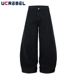 Faded Black Scimitar Jeans Mens High Street Spliced Baggy Wide Leg Elastic Waist Banana Denim Pants Man