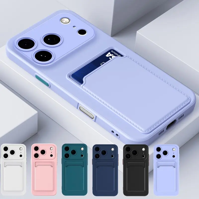 Funda Clásica Esmerilada de Colores Sólidos con Ranura para Tarjetas para iPhone 17 Pro Max 16 15 14 13 12 11 Pro Max Mini Plus Silicona Resistente a Caídas 2