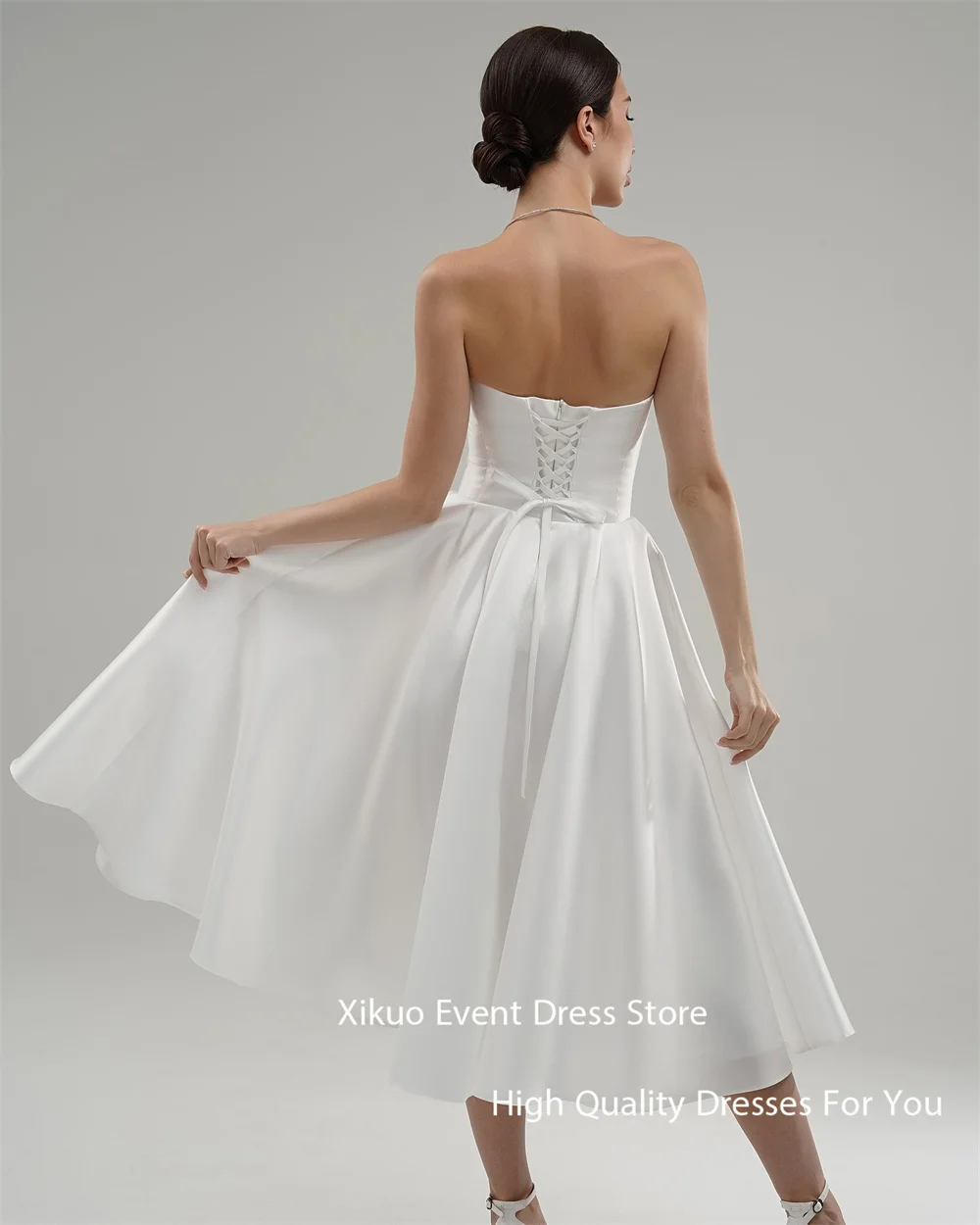 Xikuo simples meados de bezerro cetim vestidos de casamento verão sem alças vestidos de novia uma linha sem costas festa vestidos de noiva personalizado