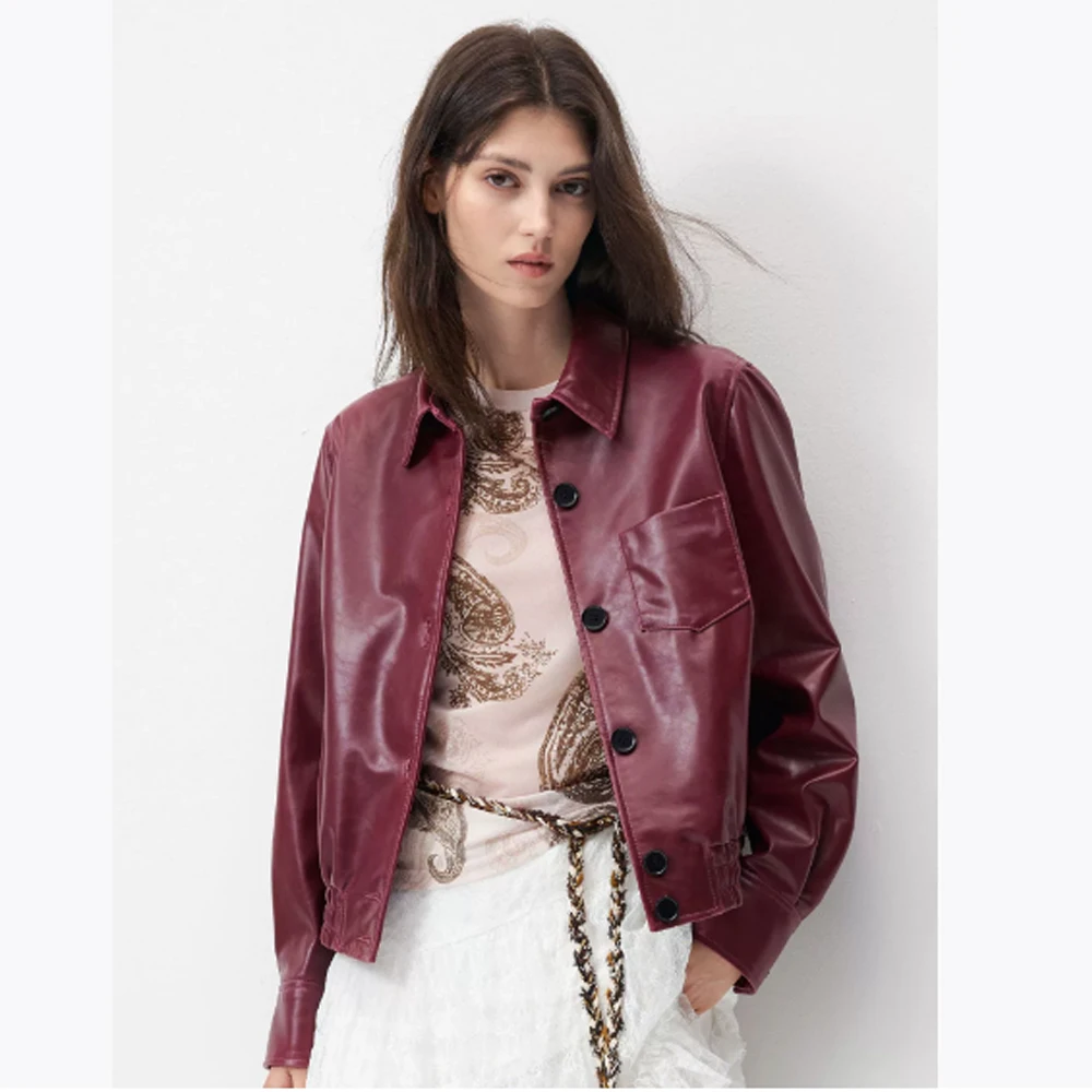 xinglilai Giacca in pelle femminile con risvolto piccolo in pelle di pecora per donna stile corto nuovo cappotto in vera pelle inverno autunno vino rosso cappotto