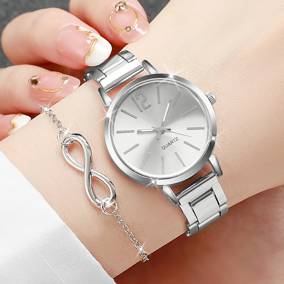 2PCS/Set Elegant Arabic Dial Women Quartz Watches Ladies Silver Alloy Strap Wristwatch With Bracelet Set(Without Box)