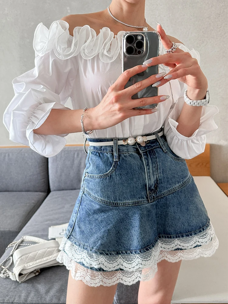 Sexy Lace Spliced High-waisted Slim Denim Skirts Women 2025 Summer New Fashion Fluffy Cake Kawaii Skirt Korean Skirt Female