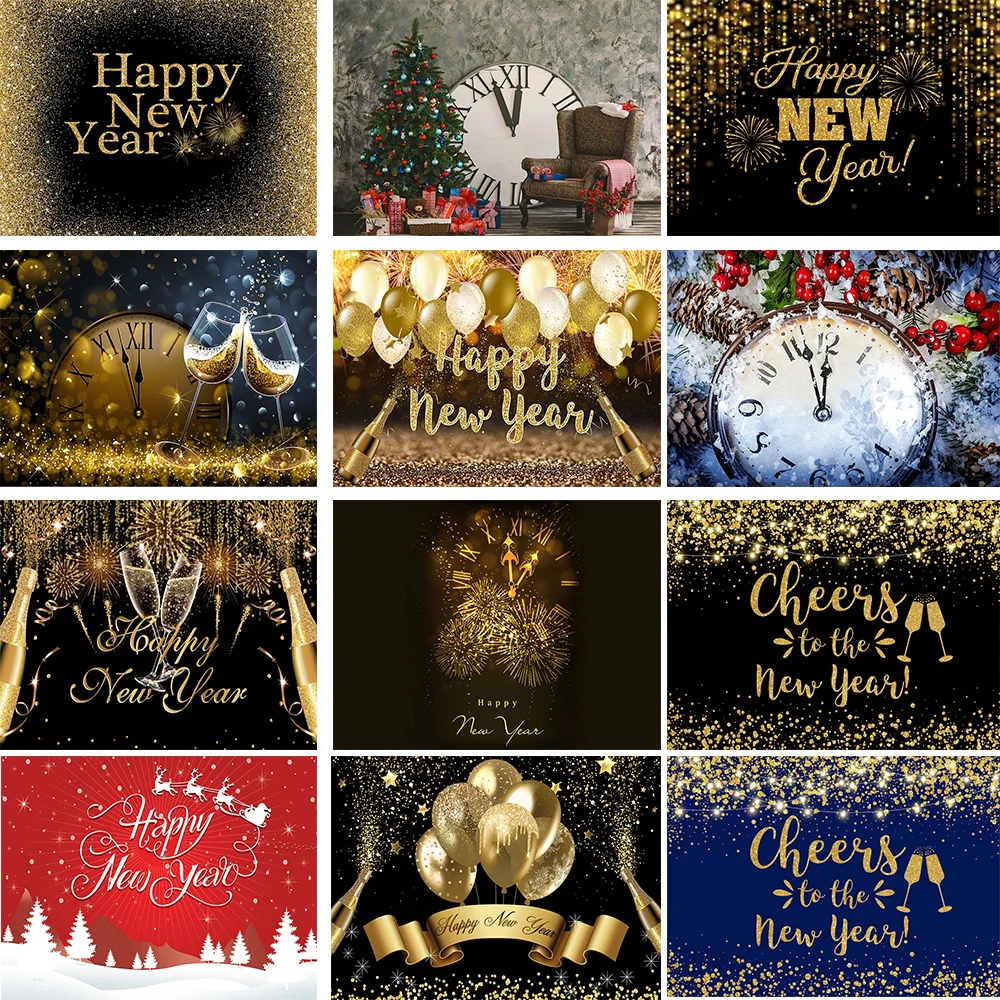 

New Year's Clock Celebration Decorative Photography Background Banner Winter Indoor Gold Shiny Backdrop Family Photobooth Props