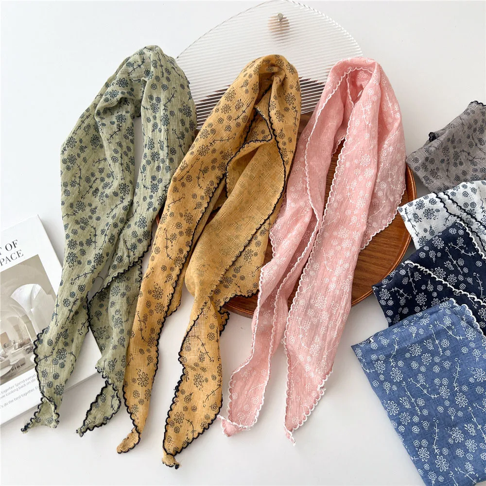 Écharpe Triangle en Coton Doux et Lin, Motif Floral, Foulards Décoratifs, Longs Bandanas, Châle Solide pour Documents, 57x57x90cm