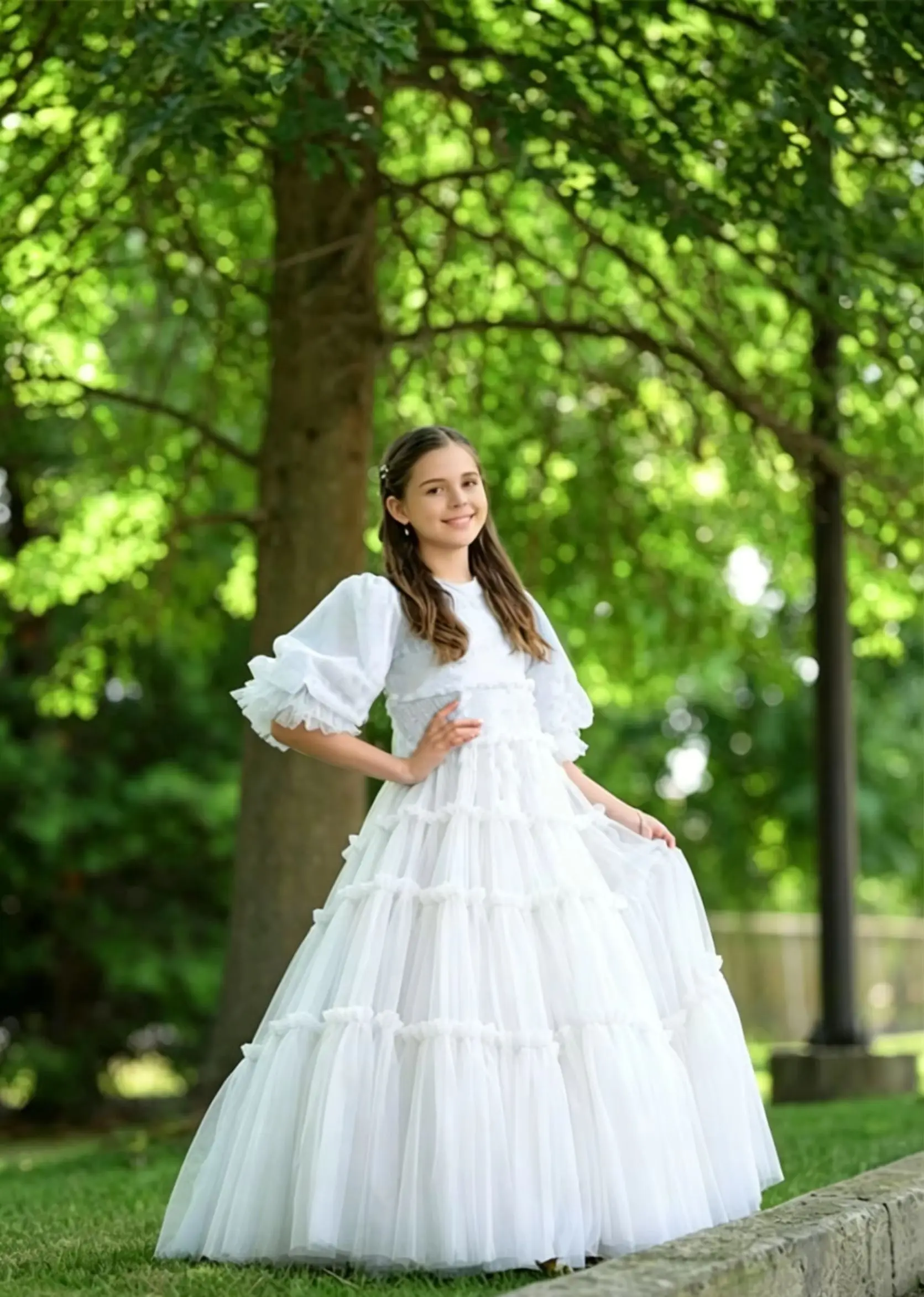 Elagant Flower Girl Dresses for Wedding Half Sleeves Tulle Ruffles Party Dress Knee Lenght First Communion Gowns Custom