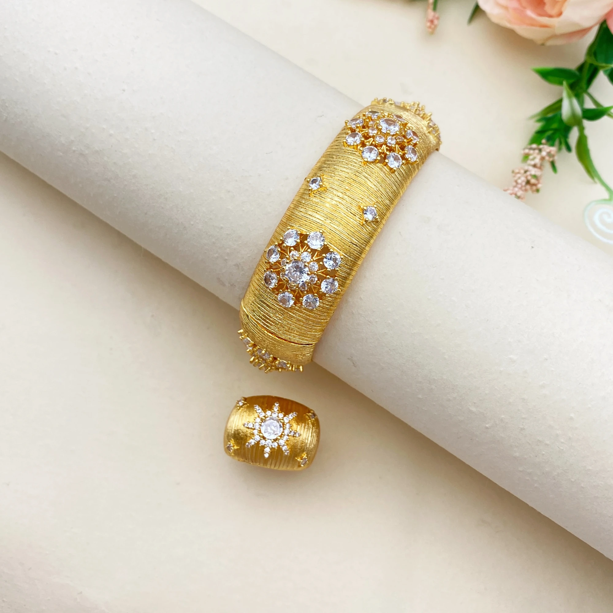 

JRH Glamorous 2Pcs Zircon Bangle Ring Set Gold Plated Gift for Africa Women Anniversary Jewelry Daily Wear