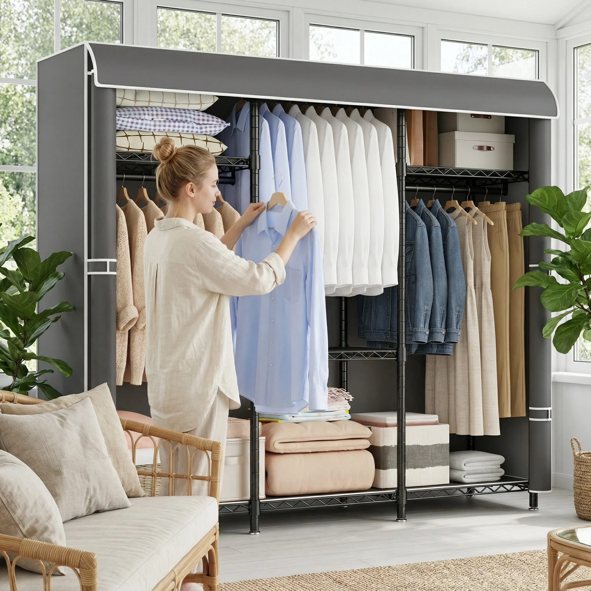 Extra Large Clothes Rack with Cover Metal Wardrobe Closet Organizer Heavy Duty Freestanding Garment Rack with Top Storage Shelf