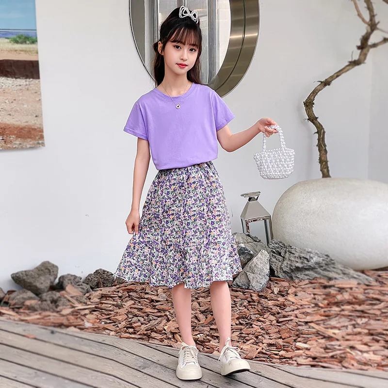 2022 Summer teen kids baby girls Clothes solid Outfits Lavender T shirt + chiffon floral fish tail Skirt Set 4 6 8 10 12 Years