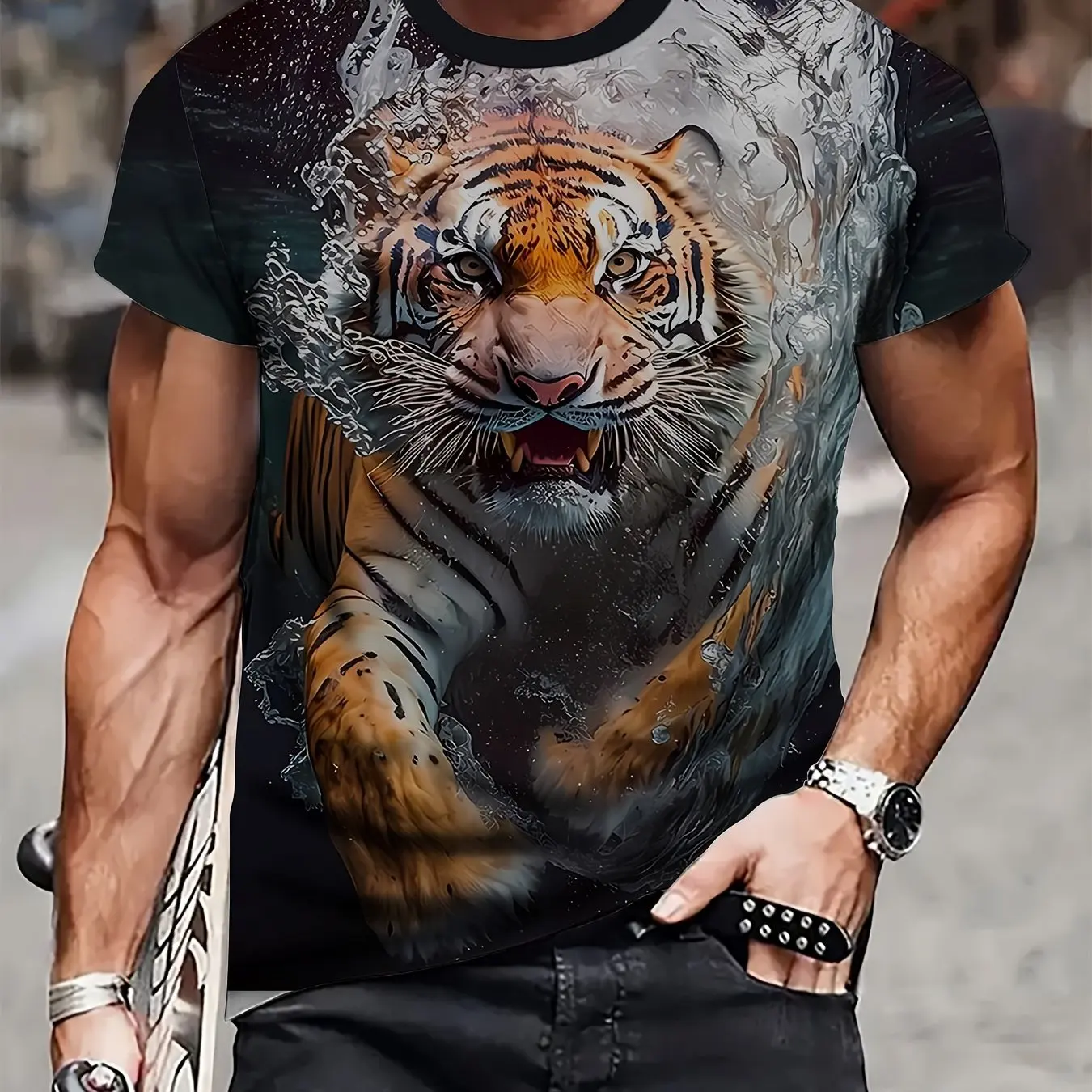 3D Digital Cool Tiger In The Water Pattern Crew Neck Short Sleeve T-shirt Men\'s Summer Fashion Tee Novel Cool Tops For Street