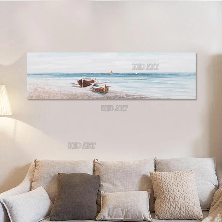 Large Wall Decor Canvas Art Hand-painted Unframed Beach Scenery Sailing Boat Oil Painting Picture Artwork For Living Room Show