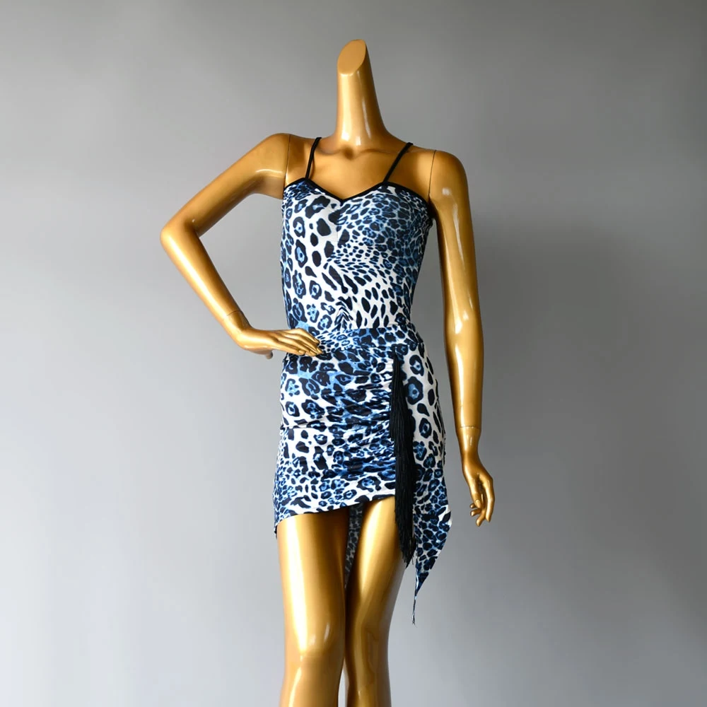 

Latin Dance Costumes Performance Women Blue Leopard Print Strap Split Practice Dance Clothes Samba Chacha Dance Wear DN20229