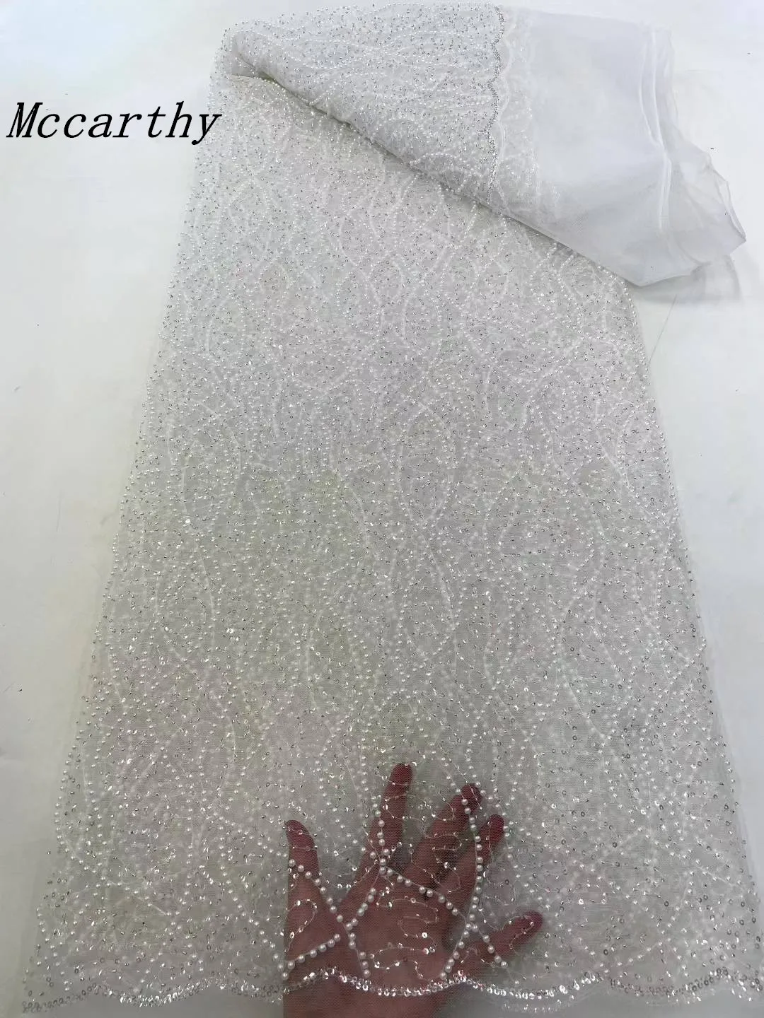 

Beautiful Nigerian Sequins Party Lace African Beads Lace Fabric 2025 High Quality 5Yards African French Tulle Net Lace Fabric