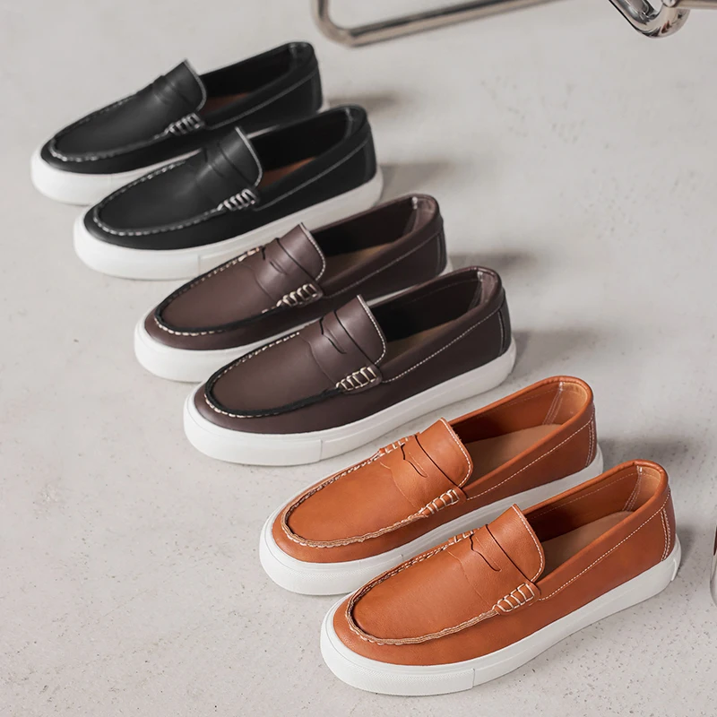 Mens Embossed Leather Penny Loafers British Style Fashion Slip On Casual Shoes Thick Sole Outdoor Flats Comfortable