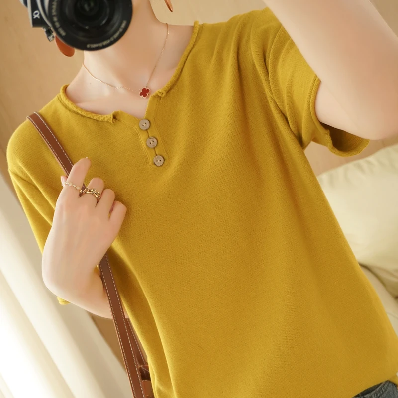 

Women's T-shirt Summer 100% Cotton Sweater Short Sleeve Casual Solid Round Neck Ladies Tops Loose Blouse Pullover Hollow Tees