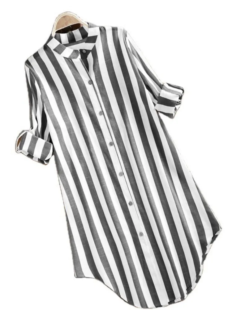 Camicia di lino in cotone a maniche lunghe da donna di nuovo arrivo primaverile Camicetta di media lunghezza con bottoni casual allentati con stampa a righe di moda