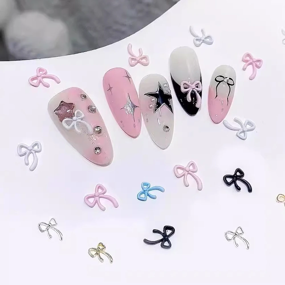 10Pcs Vintage Simple Mini Bow Tie Nail Charms 3D Colorful Bowknot Alloy Nail Art Rhinestones Decorations DIY Manicure Charms