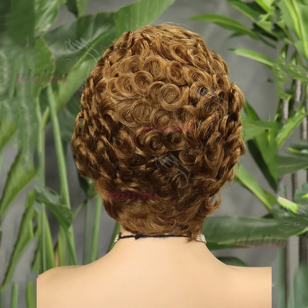 Braune kurze lockige Pixie-Cut-Perücke mit 13x4 Lace-Front aus Remy-Echthaar für Frauen, Schokoladenbraun 4 # Wellige, geschichtete, kleberlose Perücken mit Pony – Detail 12