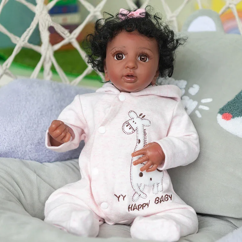 43CM High Quality Black Skin Doll Premie Size Reborn Baby Doll Layla Dark Brown Skin Black Curly Hair Liflike Premie Baby