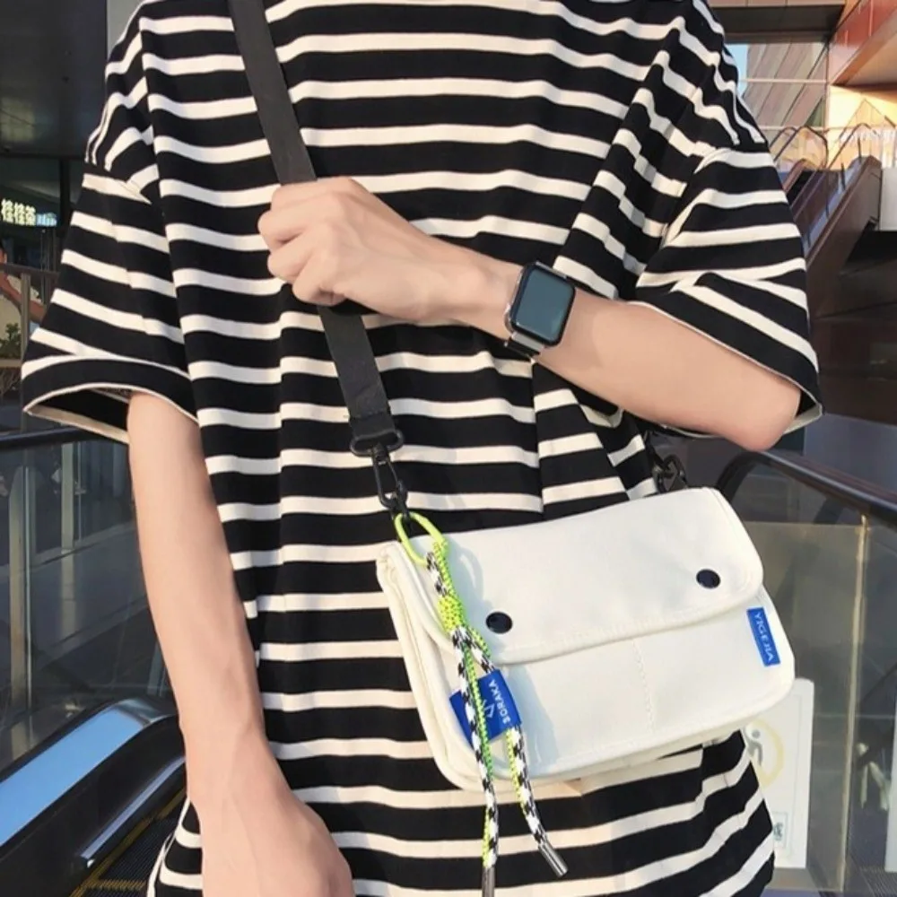 

Multiple Pockets Square Message Bag Korean Style Solid Color Nylon Crossbody Bag With Pendant Large Capacity Men Shoulder Bag