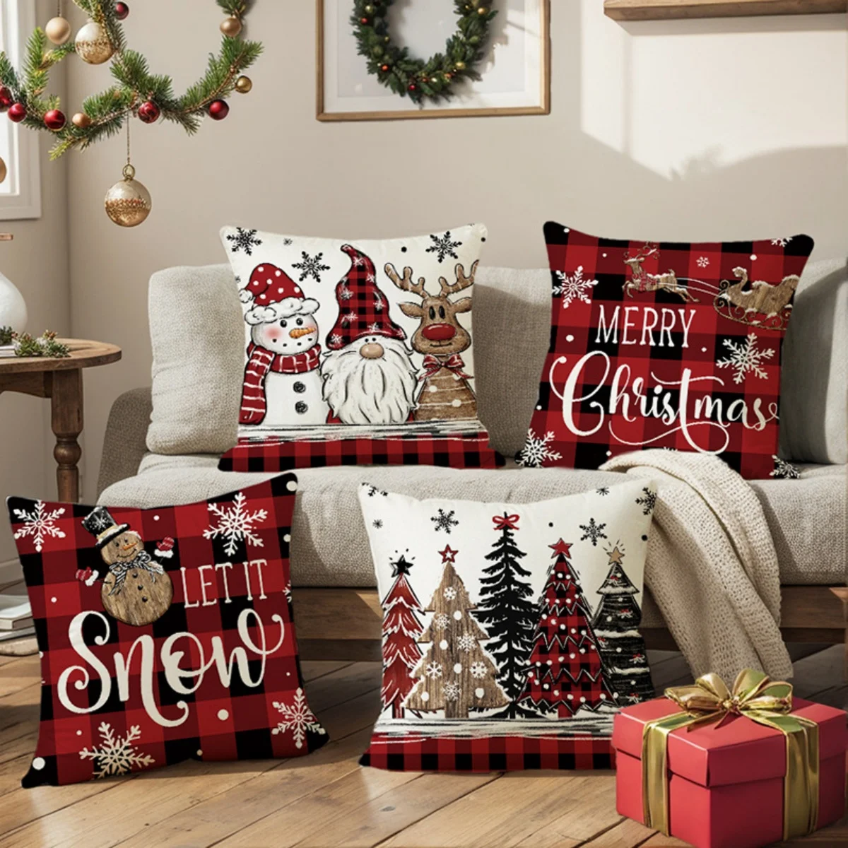 Red Buffalo Plaid Gnome Snowman Christmas Print Pillow Covers Set of 4, Winter Holiday Cushion Cases for Sofa Home Decor