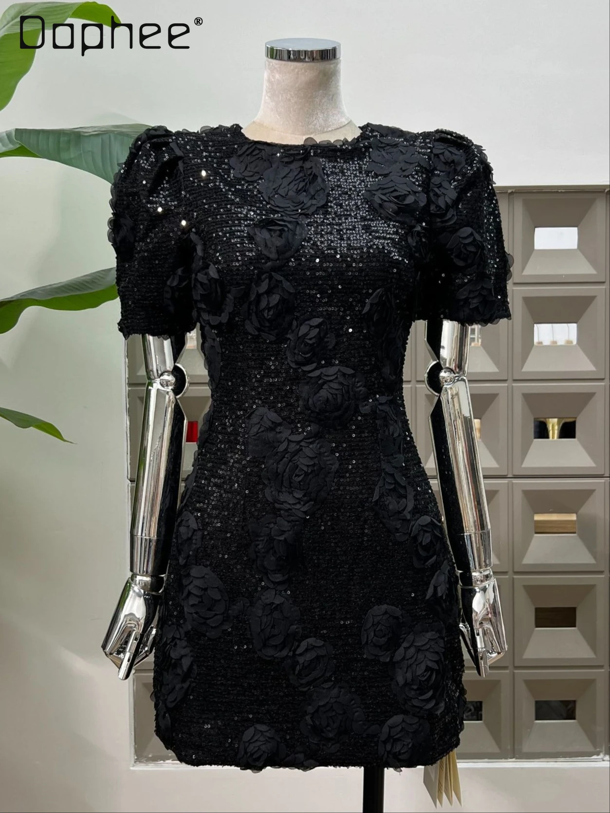 

Fashion Flower Bubble Short Sleeve Slim Dress Women Celebrity High End Evening Dresses Temperament Sweet Mini Dress Summer New