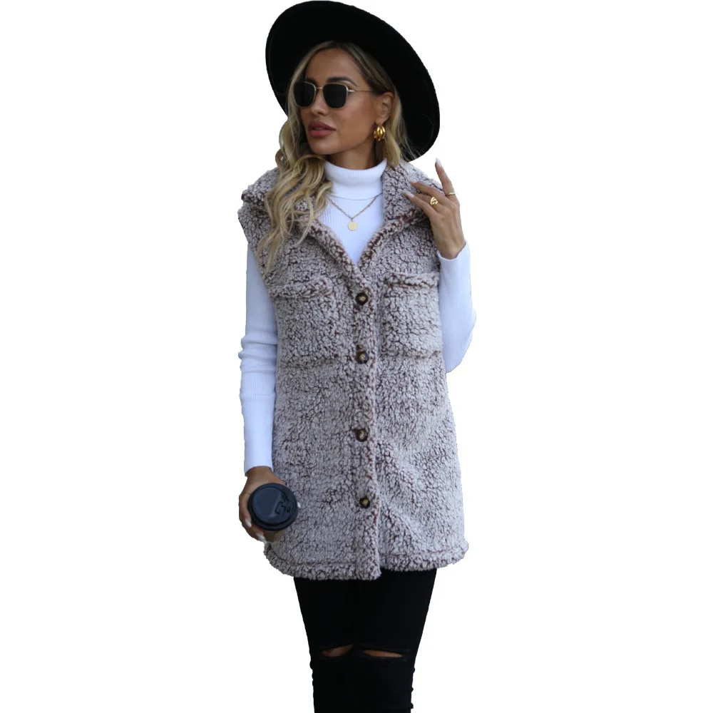 Fashion Autumn and Winter Lapel Lapel Sleeveless Long Loose Casual Fade Bubble Velvet Cardigan Vest Women Cardigan