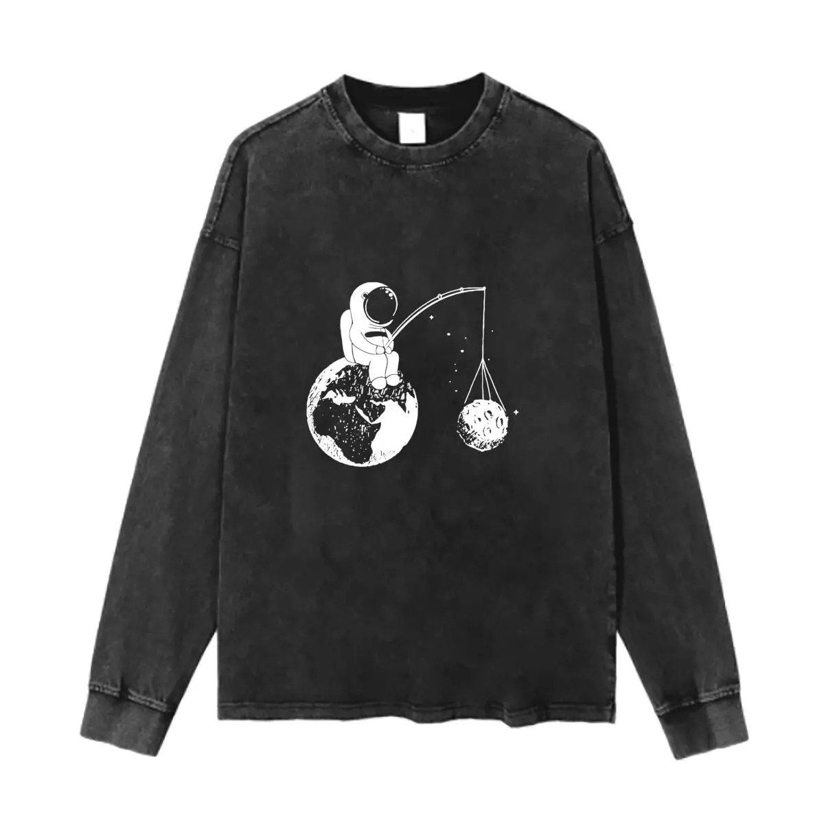 Astronaut Fishing Moon Graphic Art Washed Vintage Long Sleeves Cotton Tee Shirt Solid O Collared For Men's And Women's