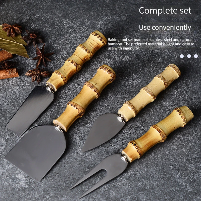 

4Pcs Bamboo Cheese Knives Set Cheese Cutlery Steel Stainless Cheese Slicer Cutter Mini Knife,Butter Knife,Spatula& ForK