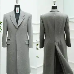 Vintage Mens Tweed Long Overcoat Gray Wool Notached Lapel Tailored Coat Jacket Customized One Piece
