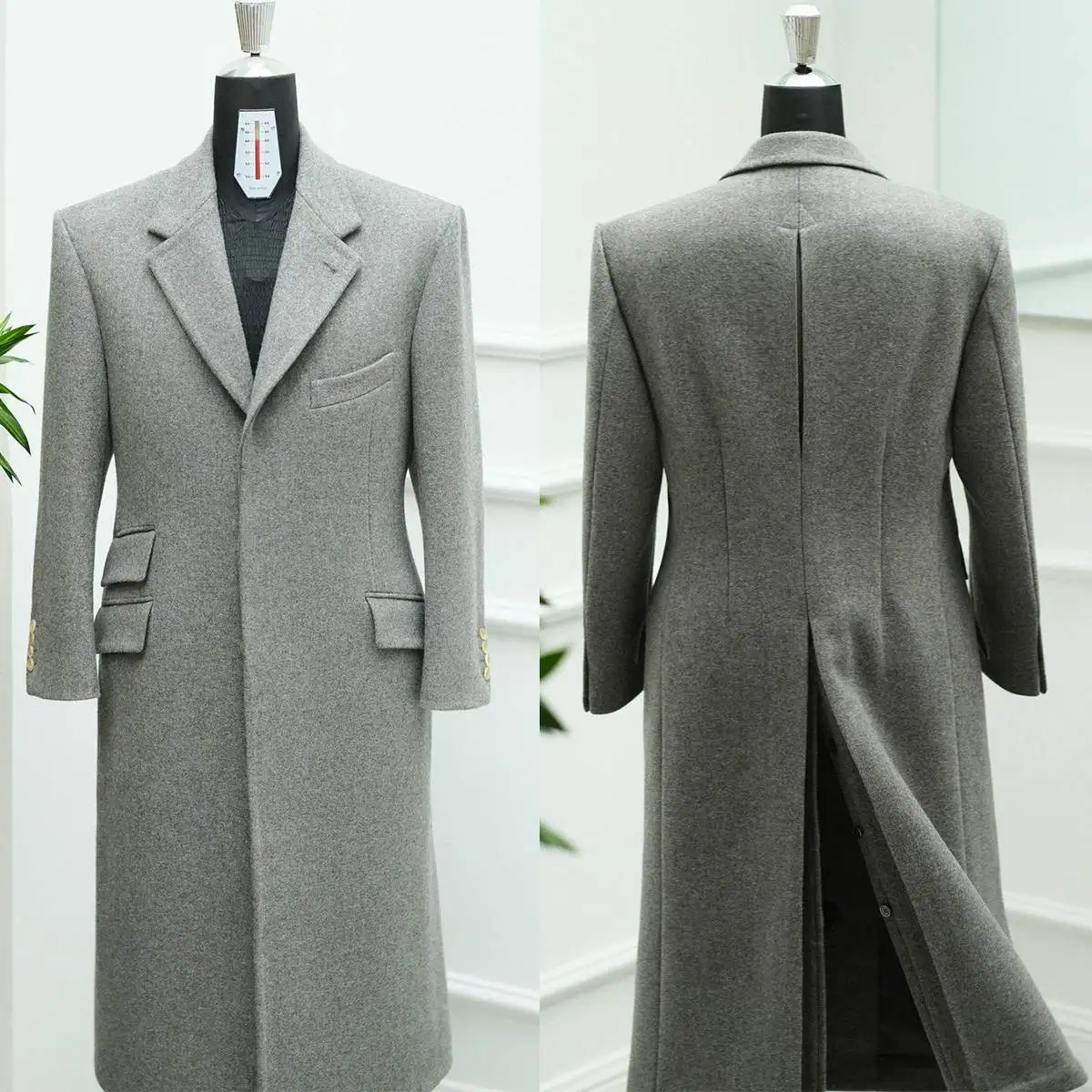 Vintage Mens Tweed Long Overcoat Gray Wool Notached Lapel Tailored Coat Jacket