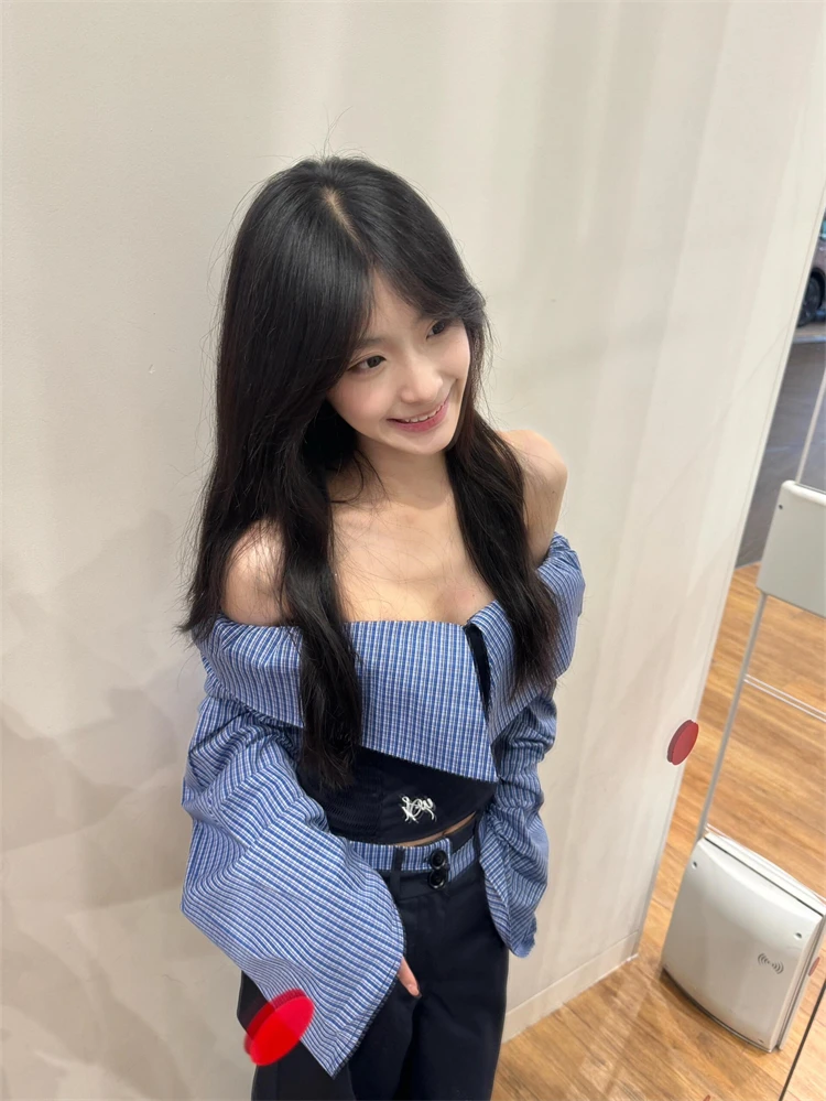 

Гонконгский женский костюм с открытыми плечами, брюки с высокой талией и широкими штанинами, повседневный весенний модный комплект, OOTD, футболка с круглым вырезом