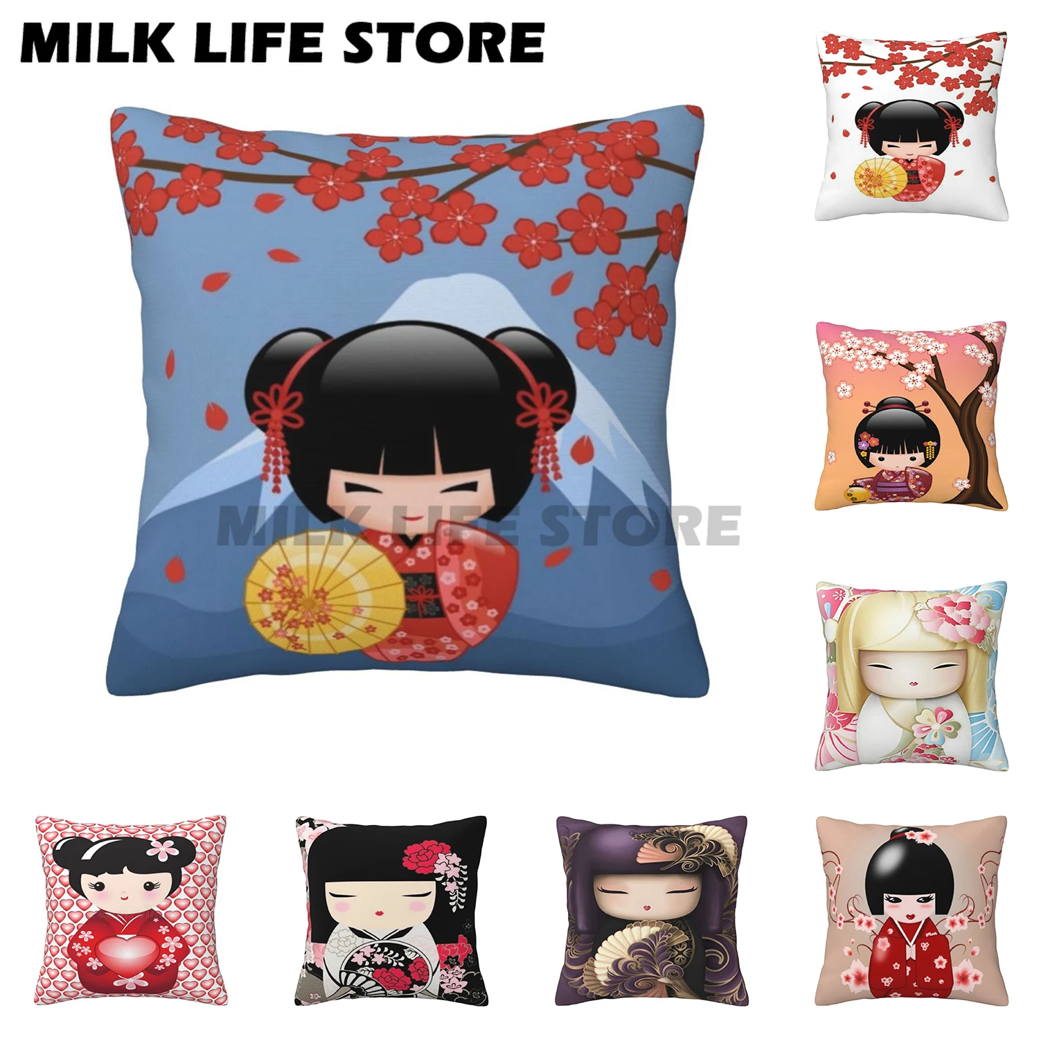 

Japanese Cute Red Sakura Kokeshi Doll Throw Pillow Case Decoration Cute Girly Cherry Blossom Cushion Cover 45x45cm Pillowcover