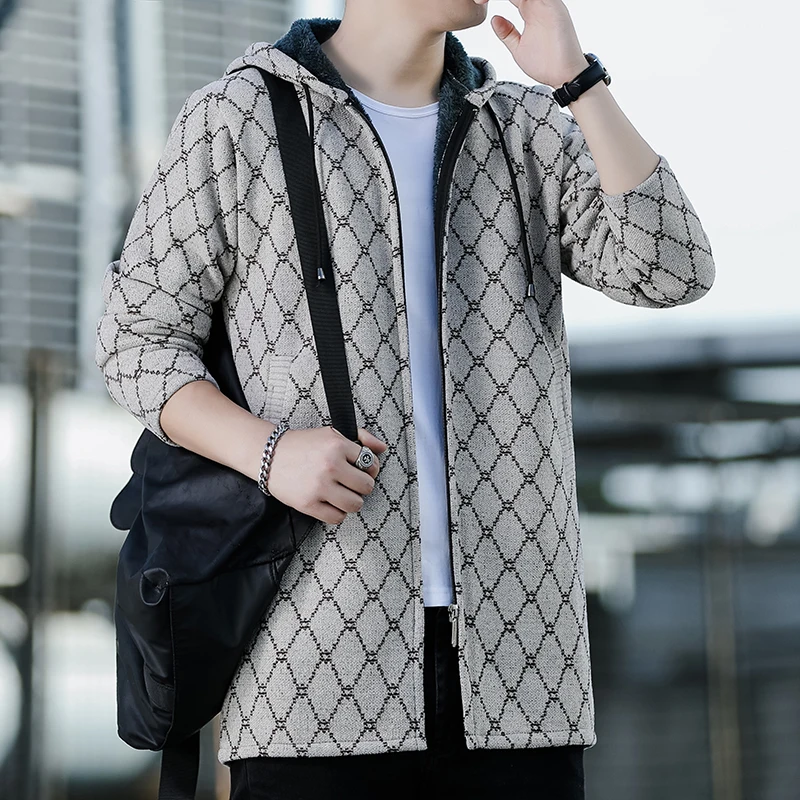 

New Mens Long Cardigan Jacket Knitted Hooded Jacket Coat Korean Autumn Winter Thick Sweater with Plush Fashion Overcoat