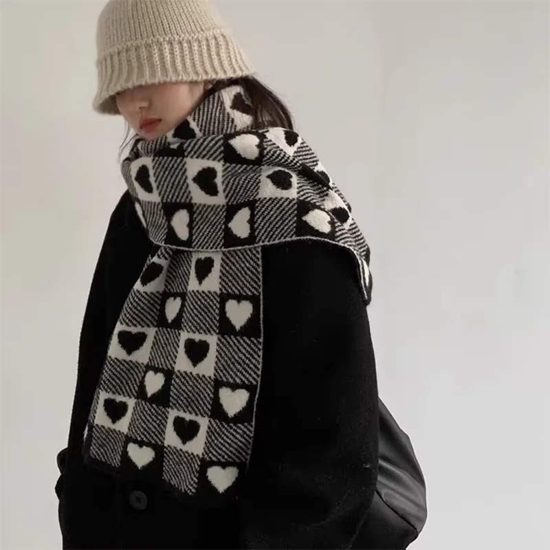 

Wool Knitted Scarf Love Heart Scarf Black White Plaid Scarf Thickened Warm Winter Women's Scarves Christmas New Year Gifts