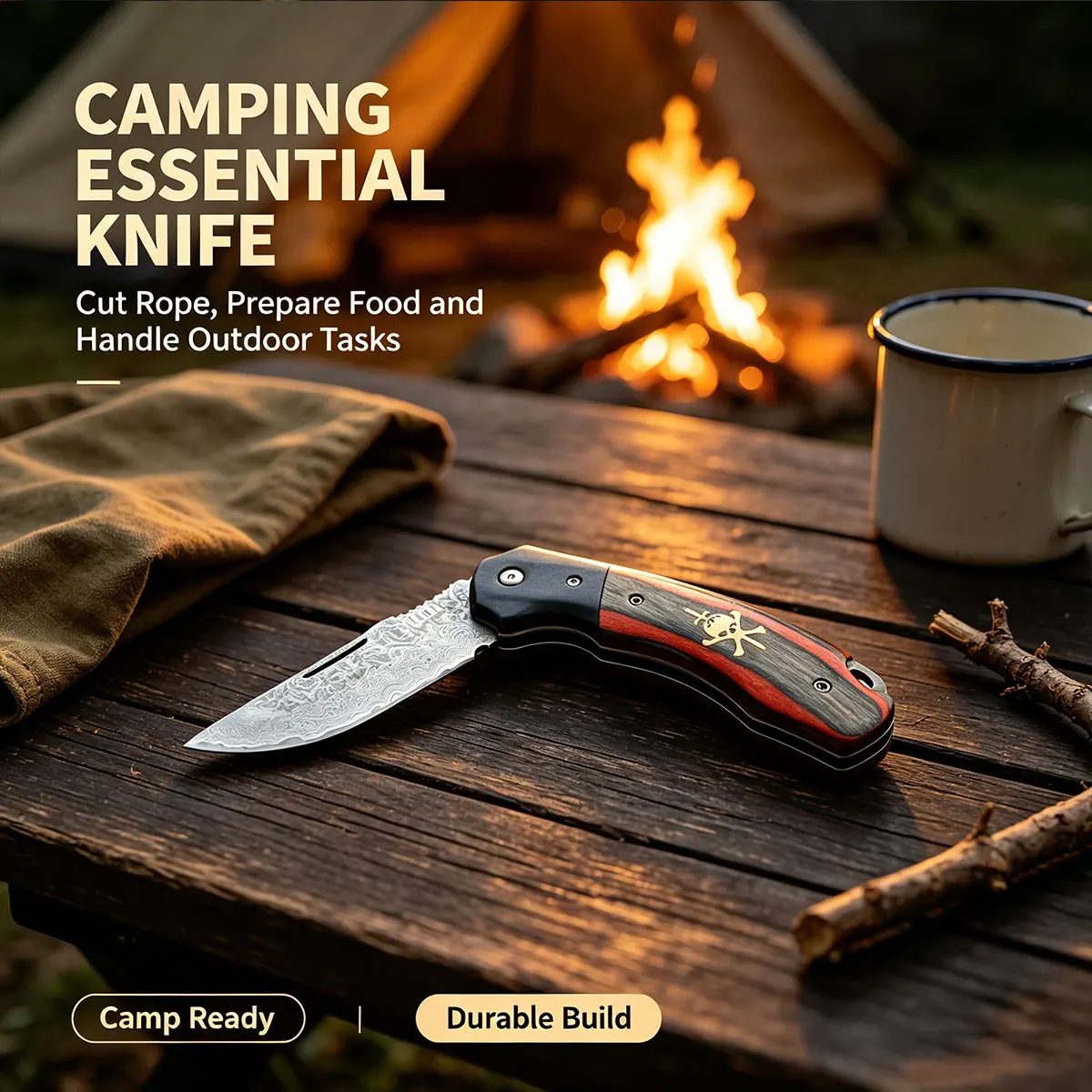 TUPI Damascus Laser Pattern Small Knife Hollow Handle Outdoor Camping Hunting Knife Survival Knife