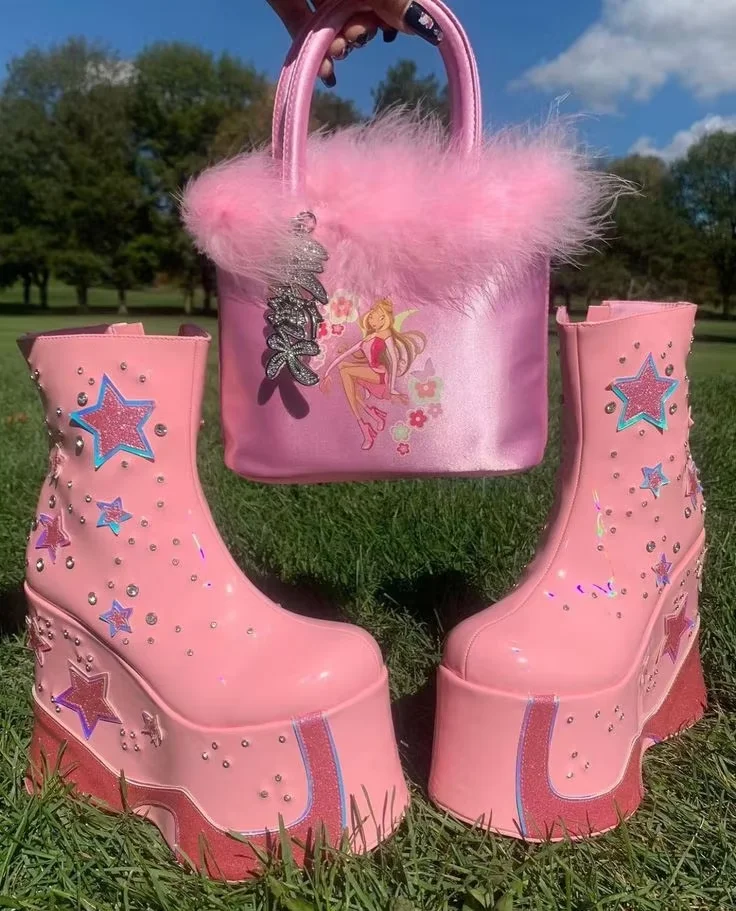 Punk Style Bling Stars Crystal Round Toe Mid-Calf Platform Women Boots Wedges High Heels Side Zipper Design Large Size Shoes