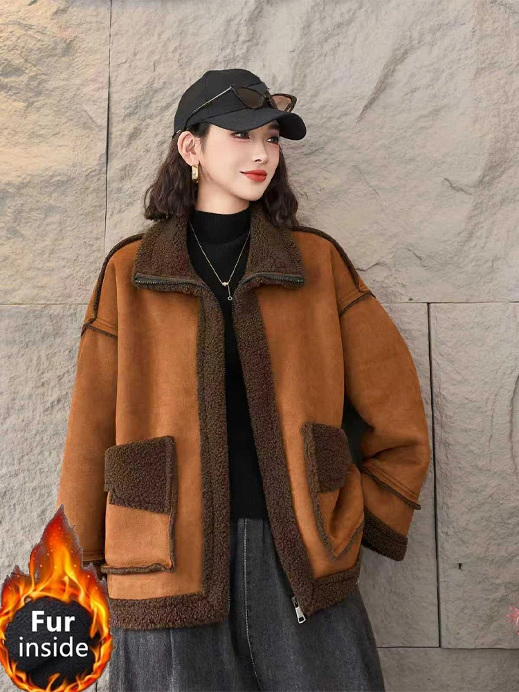 Amax lulue 2025 moda elegante casacos de camurça de pele feminina solta vintage casual jaquetas quentes senhoras clássico coreano engrossar outerwear