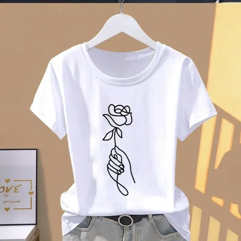 Camiseta blanca minimalista elegante para mujer, camiseta de manga corta con línea de arte rosa de una sola línea, Top informal Retro holgado con cuello redondo y capa Base