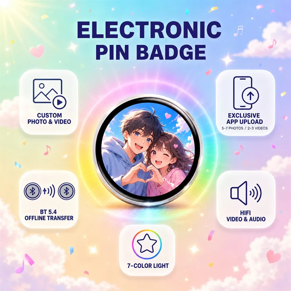 Dynamic Trendy Digital Electronic Badges LED With HD Display Touch Anime Sound Effects Pictures with Video Playback Support BT