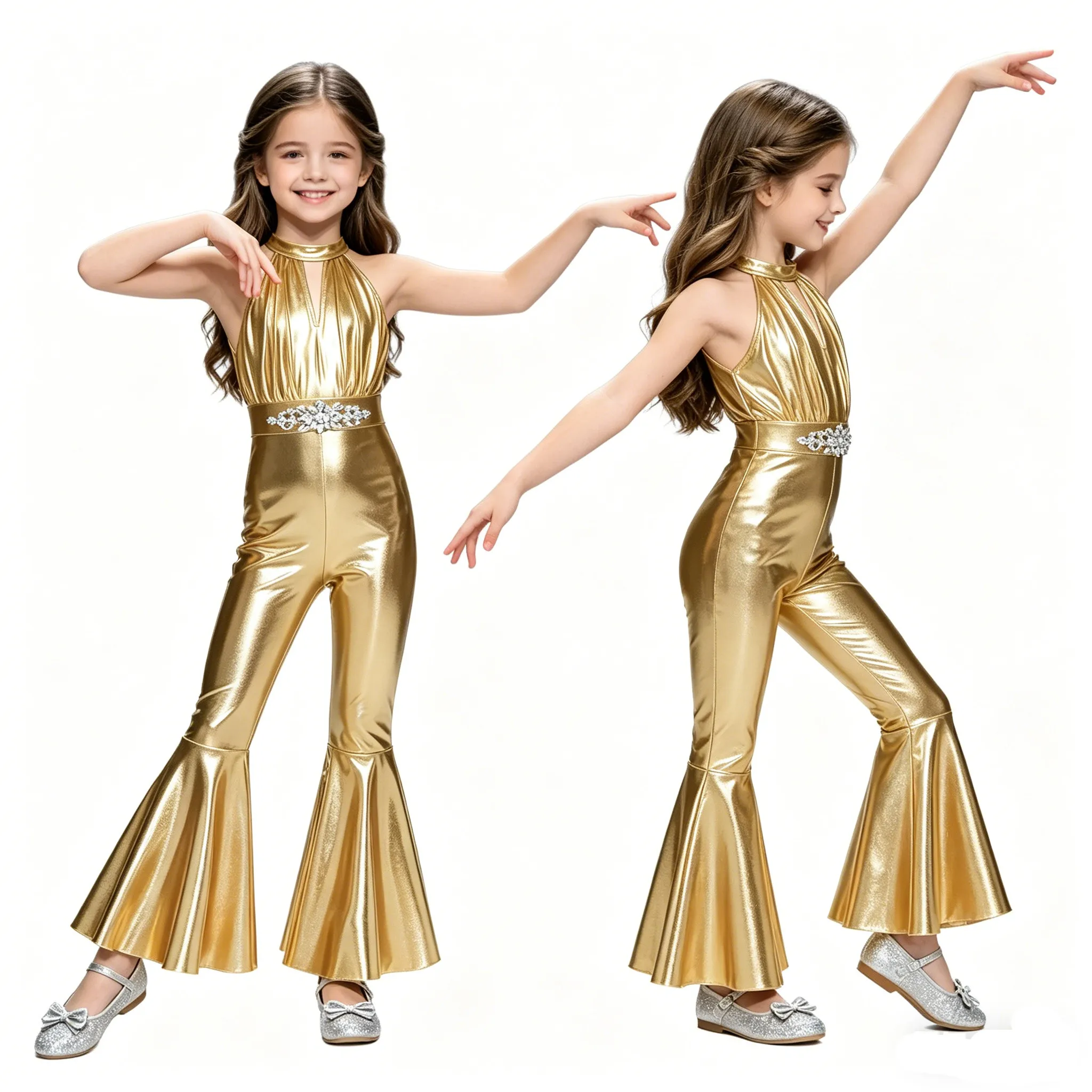 

Children Girls Sleeveless Rhinestone Metallic Shiny Bell-Bottoms Jumpsuit for 70-80s Disco Jazz Dance Pageant Stage Performance