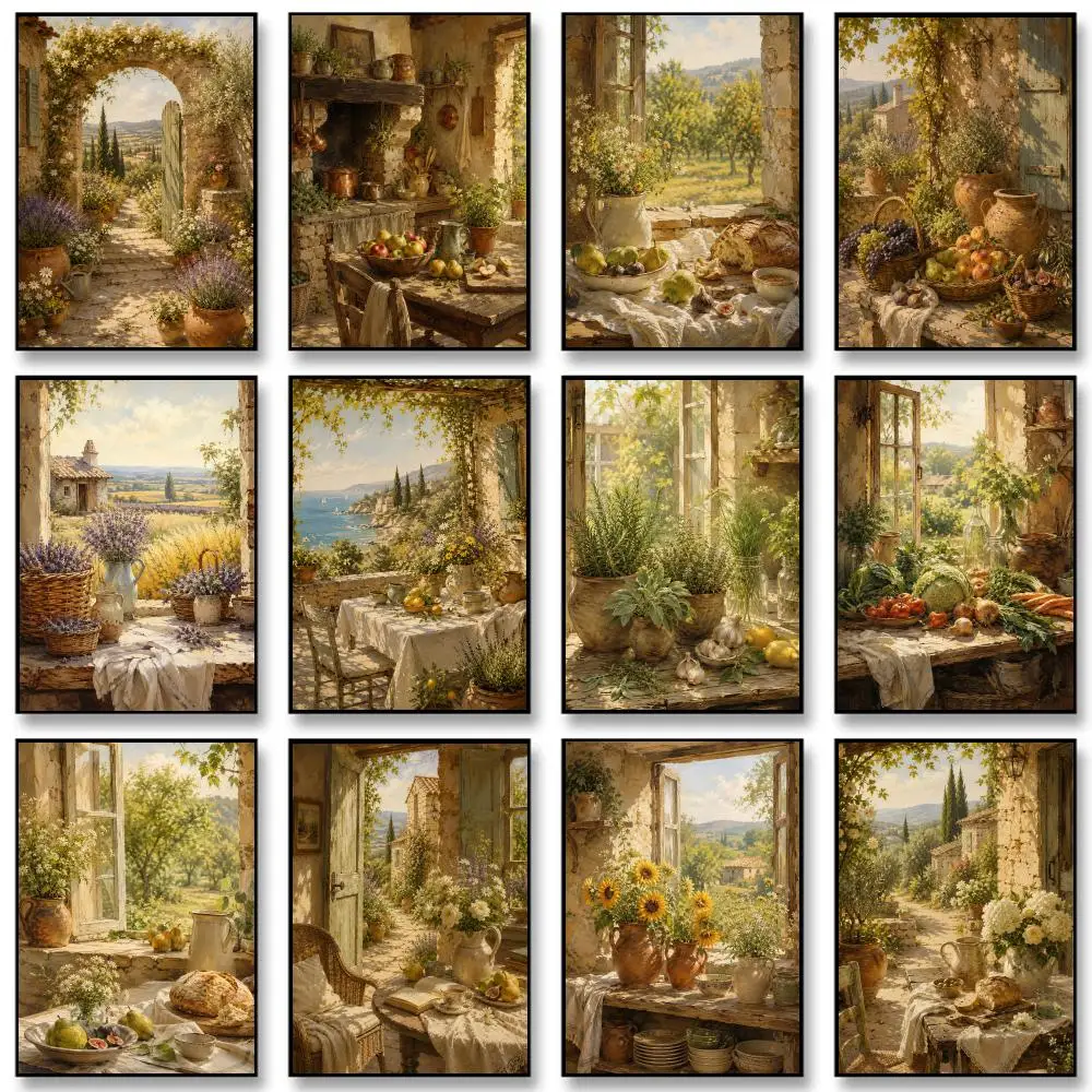 Tuscan French Countryside Landscape Poster Self-adhesive Living Room Bedroom Party Bar Decor Moisture-proof Fade-resistant