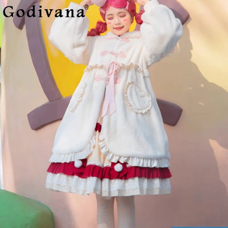 Lolita jas winter verdikte schattige ruches pluche warme lange mouw losse jas lief meisje kerst grote schommel witte vetermantel