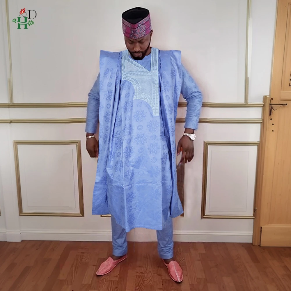 H&D African Traditional Muslim Ramadan Embroidery Wedding Party Thobe Bazin Riche Outfits 3PCS Robe Suit No Cap For Men Agbada